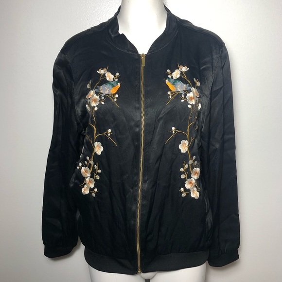Zara | Floral Embroidered Satin Bomber Jacket - Picture 7 of 13